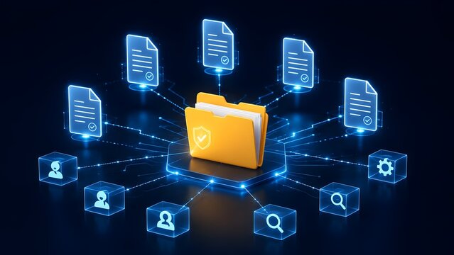 Glowing yellow folder connecting to digital documents and user icons representing secure network file sharing