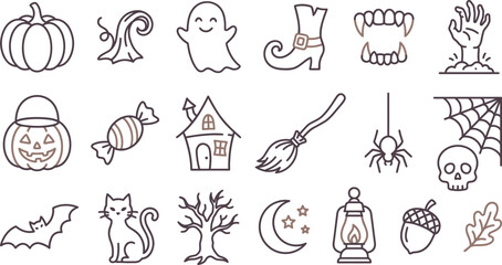 Fototapeta premium Halloween themed vector icon set featuring spooky holiday elements designed with clean minimal line art styles