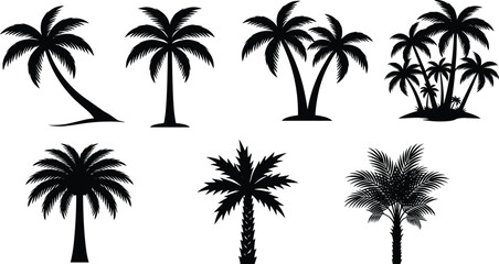 Fototapeta premium Collection of Black Palm Tree Silhouettes in Vector Style for Tropical, Beach, and Summer Graphic Design Projects