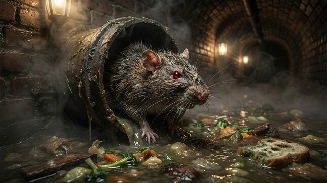 A large grey rat emerging from a pipe into a dark murky sewer tunnel.