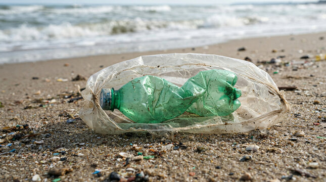 Close up crumpled green plastic bottle discarded inside transparent bag resting sandy sea beach ocean shore coa