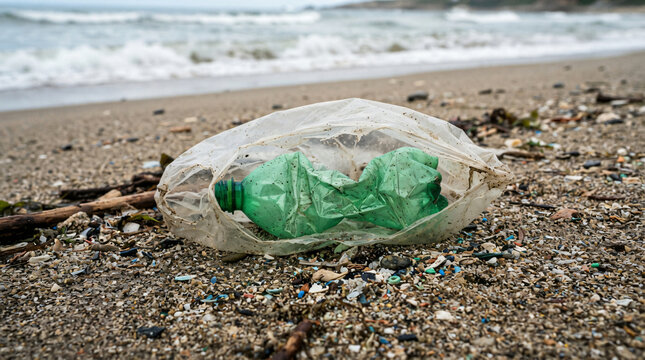 Close up crumpled green plastic bottle discarded inside transparent bag resting sandy sea beach ocean shore coa