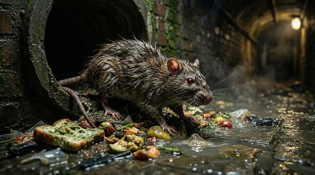 A large brown rat emerging from a dark sewer pipe into a damp underground tunnel.