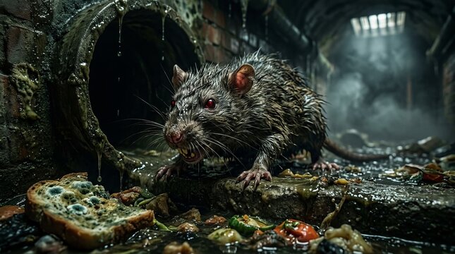 A large wet rat standing in a dark damp city sewer surrounded by garbage and debris.
