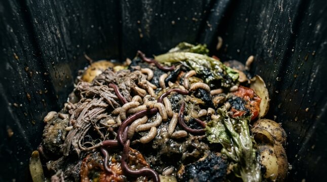 Close up view of maggots and worms crawling on rotting food waste in a trash bin.
