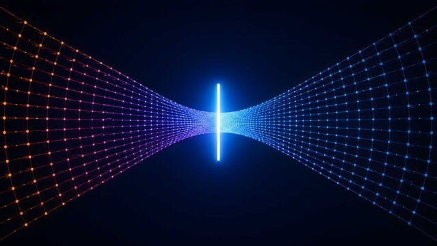 Abstract digital network grid funneling through a glowing vertical light bar illustrating data compression bottleneck and information transformation