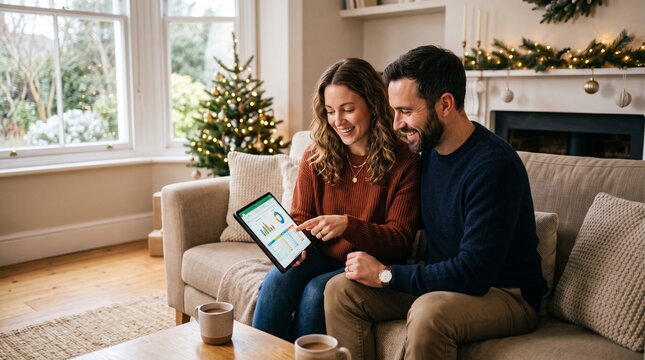 Couple reviews financial data on tablet at home during Christmas holidays with decorated tree and fireplace
