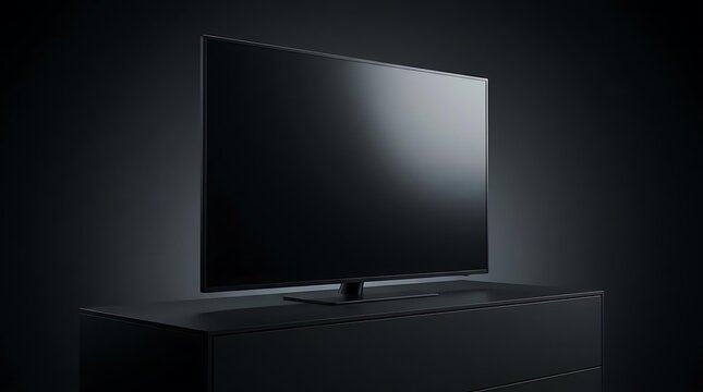 A high definition smart television set placed on a dark modern console table, illustrating a clean and minimalist virtual television set home setup.