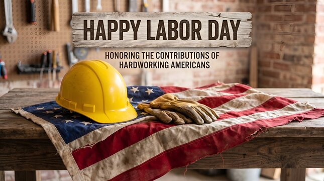 Happy Labor Day greeting on rustic wood background, yellow hard hat and American flag on workbench, patriotic construction holiday concept