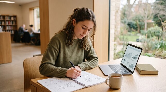Young woman studying and writing in notebook with laptop and tea in a modern library setting with garden view