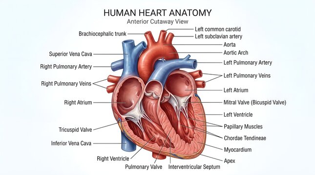 Human heart anatomy diagram, anterior cutaway view with medical labels, realistic biological organ illustration for education