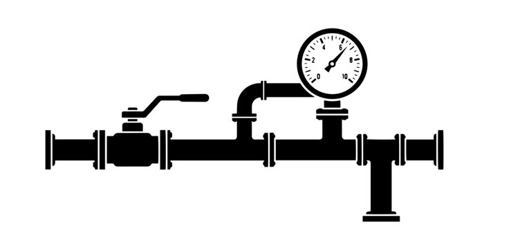 Industrial pipeline with pressure gauge and valve black vector icon