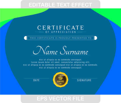 Modern professional certificate layout styled with energetic blue and bright lime green sweeping wave curves over a clean white template.