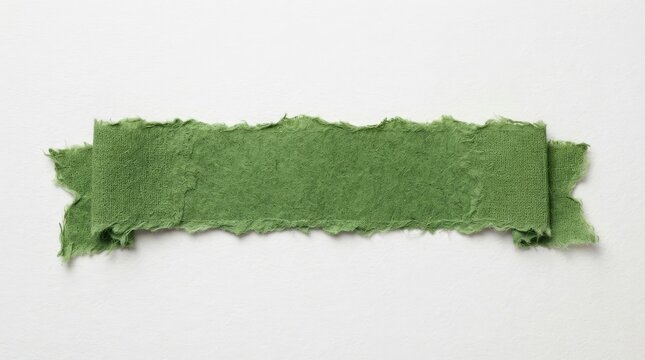 Torn green fabric strip with frayed edges on neutral background with emphasizing texture worn edges showcases single piece frayed colored backdrop