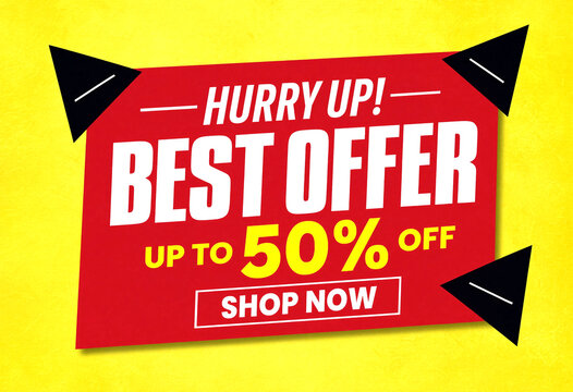 Bright sale banner with bold text offering up to fifty percent off deals and discounts