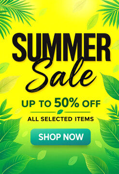 Bright summer sale advertisement with tropical leaves and discount offer up to fifty percent