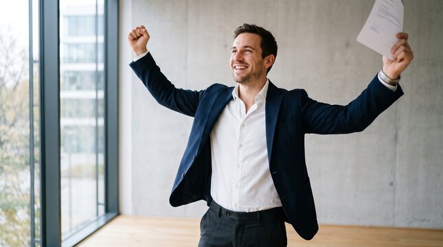 Successful businessman celebrating achievement with arms raised holding document in modern office space