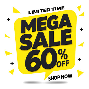 Bright yellow mega sale banner with sixty percent off discount offer limited time promotion