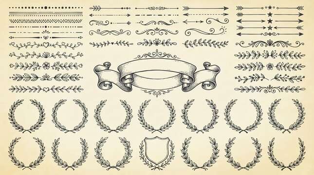 Hand drawn collection of vintage style decorative borders dividers laurels and a central banner element isolated on light beige textured background for your creative designs