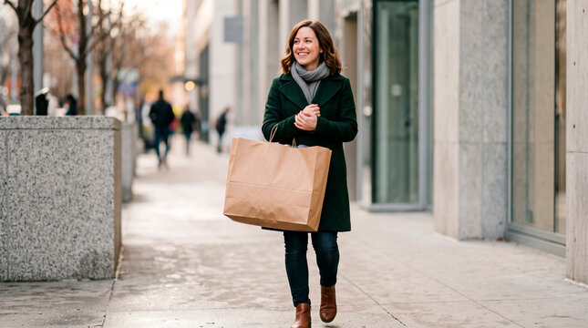 Woman walking on city street holding large shopping bag