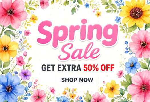 Colorful spring sale banner with vibrant flowers and discount offer text for promotions