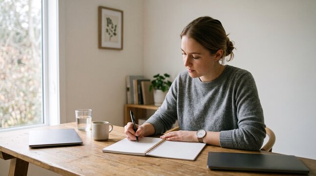 Young woman writing in notebook at wooden desk with laptop and coffee cup near window