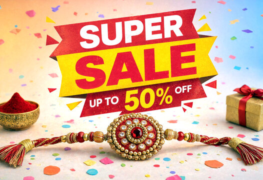 Colorful super sale advertisement with traditional decorative rakhi and festive elements on sale banner