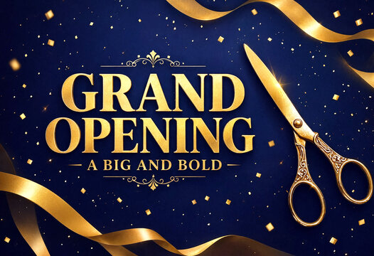 Elegant grand opening celebration with golden scissors and decorative ribbon announcement design