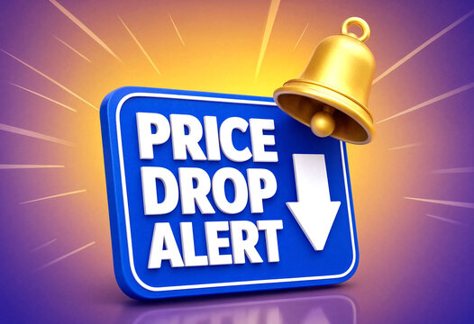 Golden bell with a bright blue price drop alert sign indicating sales promotion
