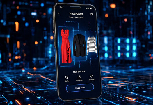 Modern smartphone displaying a virtual closet app with fashion outfits and shop now button