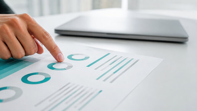 Executive report template with hand pointing at business chart on desk beside closed laptop for financial analysis
