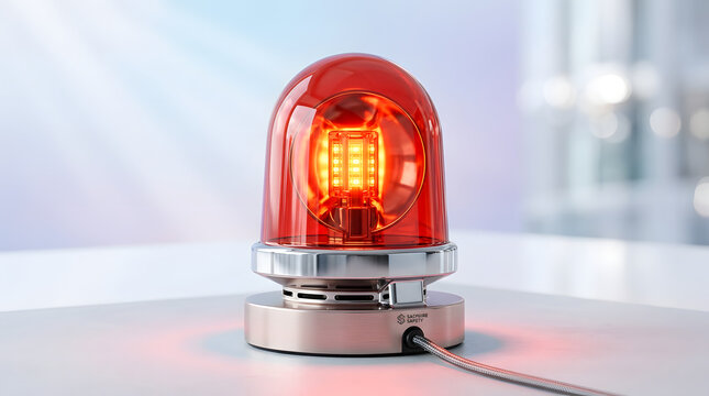 Red emergency rotating beacon light flashing on metallic base with safety logo for security alert and hazard warning concepts.