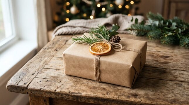Rustic Christmas Gift Wrapped in Kraft Paper with Natural Decorations on Wooden Table