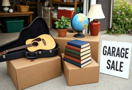 Outdoor garage sale setup with guitar books globe and household items on cardboard boxes