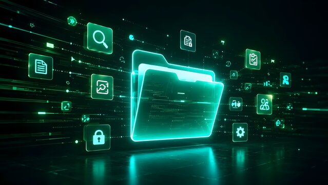 Glowing green digital folder surrounded by interface icons representing secure data management and network organization