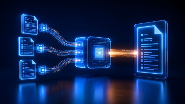Glowing digital documents connecting via fiber cables to central processor representing automated data extraction and parsing