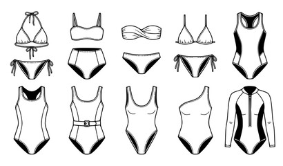 Fototapeta premium Swimsuit Fashion Flat Sketch Vector Set with Bikini Bandeau One Piece Swimwear Technical Drawing Illustration Design