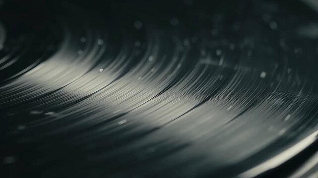 Close-up of vintage vinyl record spinning on turntable with warm analog sound nostalgia