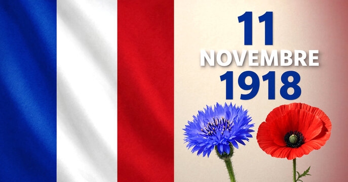 Vintage french national flag with cornflower and poppy flowers commemorating historical event date