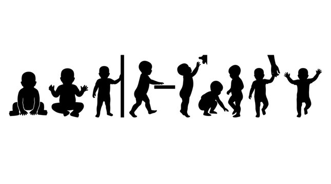 Set of baby silhouettes showing growth stages from crawling to walking, black figures for nursery decor, childhood development markers, family