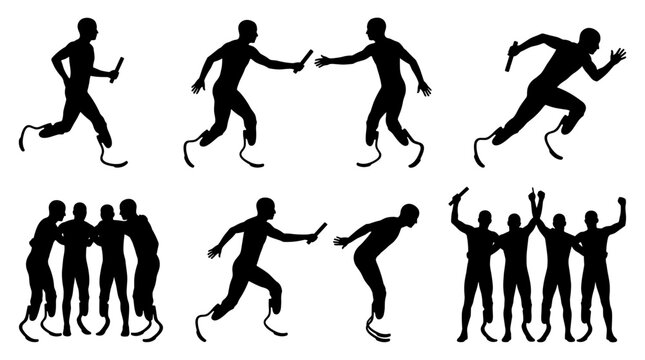 Set of black silhouettes featuring Paralympic relay runners with blade prosthesis in various action poses, perfect for inclusive sports events