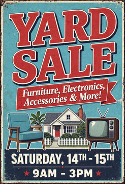 Vintage yard sale poster with retro furniture electronics and house illustration advertising weekend event
