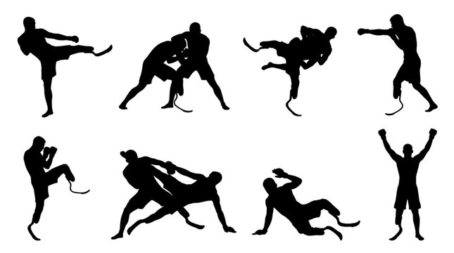 Set of silhouettes of athletes with blade prostheses performing martial arts, kickboxing and wrestling, inclusive sports and disability inclusion