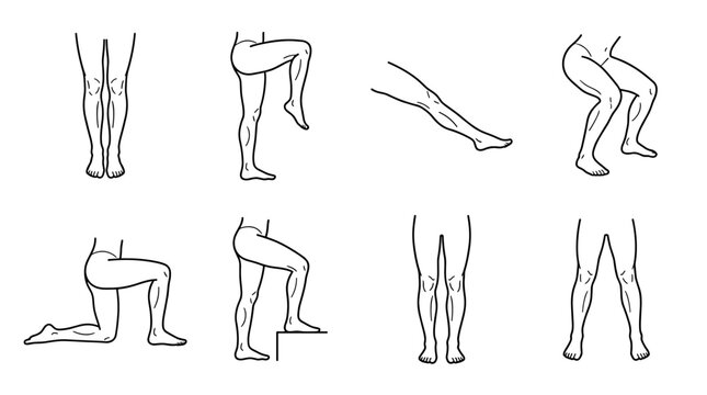 Set of leg exercise positions, simple black outline icons, squatting, lunging, standing, workout movements, physical therapy and fitness training
