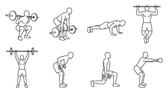 Set of line icons depicting fitness exercises, weightlifting movements, bodybuilding training, workout routine, health and wellness gym activity