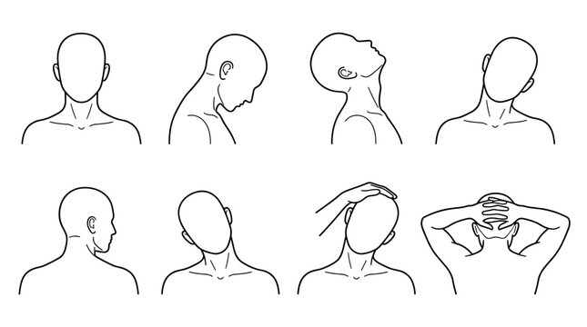 Set of line icons depicting neck stretching exercises and head rotations for physical therapy, chiropractic, mobility, rehabilitation, and fitness
