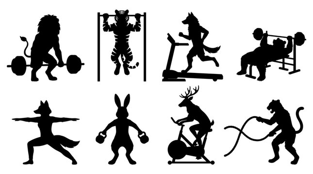 Set of black silhouettes featuring anthropomorphic animals exercising in gym, weightlifting, yoga, running, bodybuilding, sports training activities