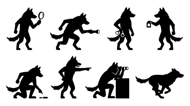 Set of black silhouettes of anthropomorphic wolves in various poses and actions, vector shapes for storytelling, gaming icons, playful characters