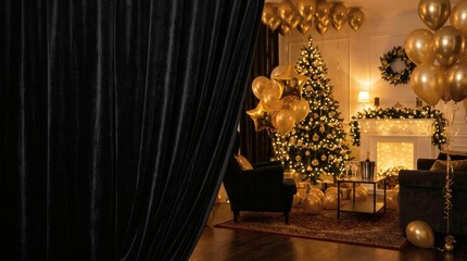 Naklejka premium Elegant Christmas and New Year Celebration Scene with Gold Balloons and Decorated Tree