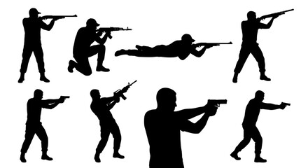 Naklejka premium Set of black silhouettes of soldiers and shooters in various combat stances, aiming weapons, tactical training, military action, defense operations